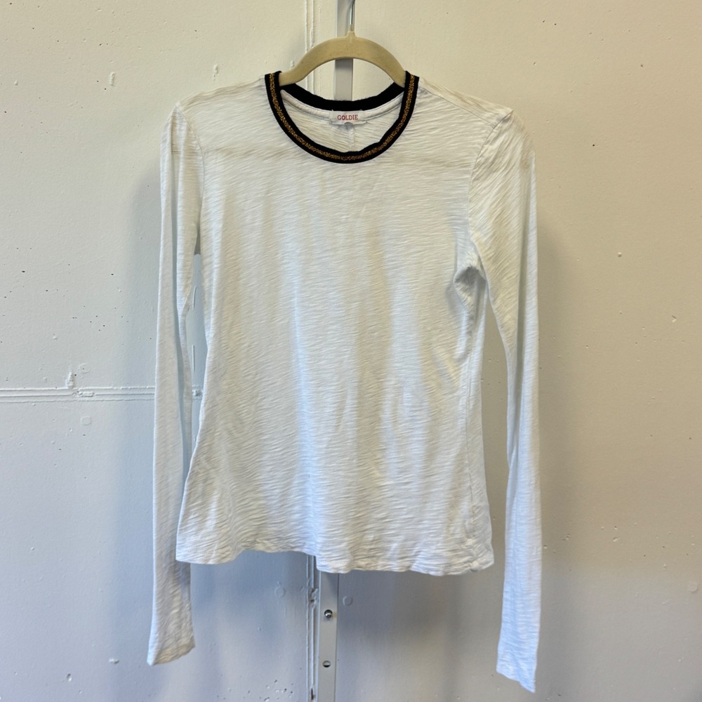Goldie White Pima Cotton Long Sleeve Tee Gold Metallic Trim Crew Neck XS